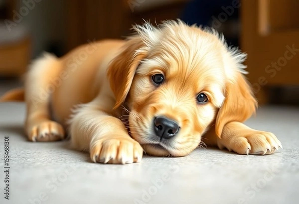 Fototapeta Adorable golden retriever puppy playfully sprawled on the floor, gazing directly at the camera,  puppy love,  looking at camera