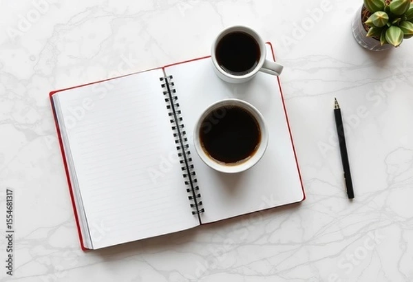 Fototapeta Open notebook and coffee cup on marble desk, overhead view,  work space,  background