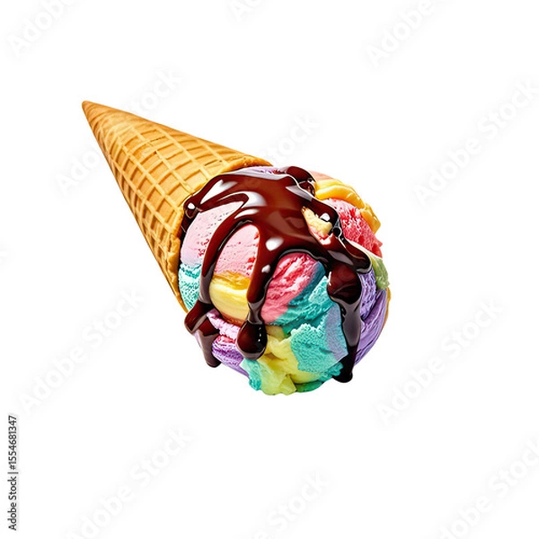 Obraz Melting Rainbow Ice Cream In Waffle Cone, Generative AI