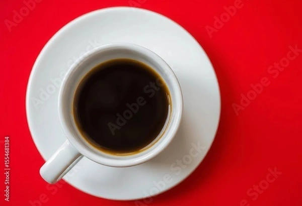Fototapeta Overhead view of a white coffee cup and saucer on a red background, top view, panoramic