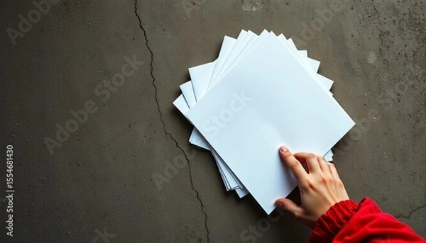 Fototapeta Overhead view of hand holding a stack of papers on a concrete surface,  control,  productivity