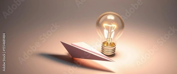 Fototapeta Paper airplane beside illuminated lightbulb on pristine white surface,  vision,   thinking outside the box