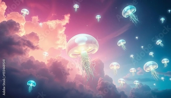 Fototapeta Pastel clouds drift beneath enormous bioluminescent jellyfish in a whimsical fantasy sky, fantasy,  magical