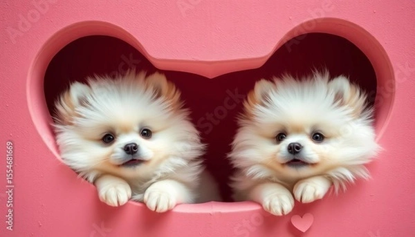 Fototapeta Two fluffy white Pomeranian puppies playfully peeking through a heart-shaped opening,  puppies,  tiny