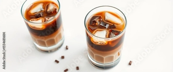 Fototapeta Two glasses of iced coffee with ice cubes and chocolate shavings on a pristine white background,  food photography,  chocolate shavings