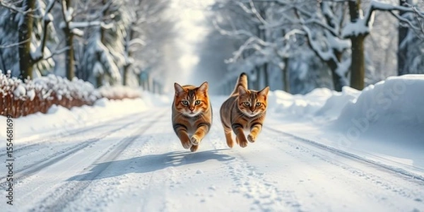 Fototapeta Two playful cats chase across a pristine snowy road, winter landscape, path, snow
