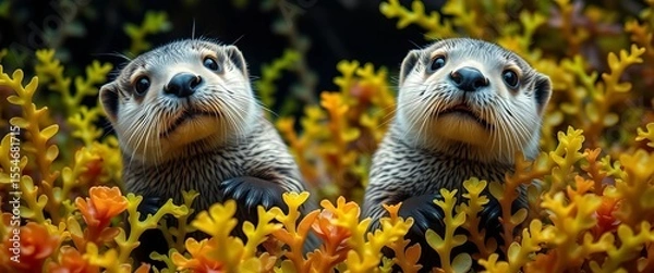 Fototapeta Two playful sea otters face viewer in vibrant kelp forest,  water,  marine mammal