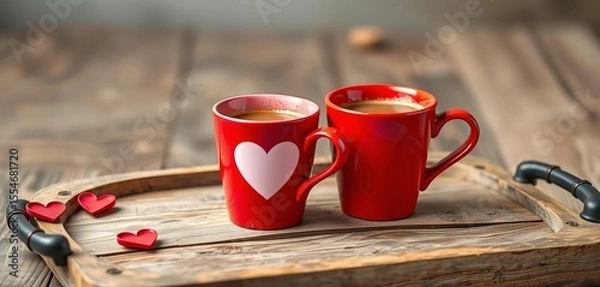 Fototapeta Two red Valentine's Day coffee cups with heart accents on a rustic wooden tray,  serving tray,   valentines day decor