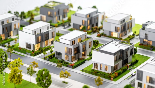 Fototapeta Architectural Model: A meticulously detailed architectural model showcases modern house designs within a planned community, highlighting sustainable building practices and minimalist aesthetics.