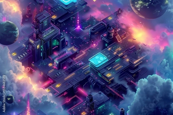 Fototapeta Crypto City in the Clouds: Futuristic Digital Metropolis Above the Atmosphere