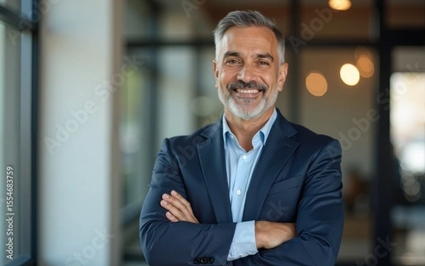 Fototapeta Handsome hispanic senior business man with crossed arms smiling at camera. Indian or latin confident mature good looking middle age leader male businessman on blur office background with copy space.