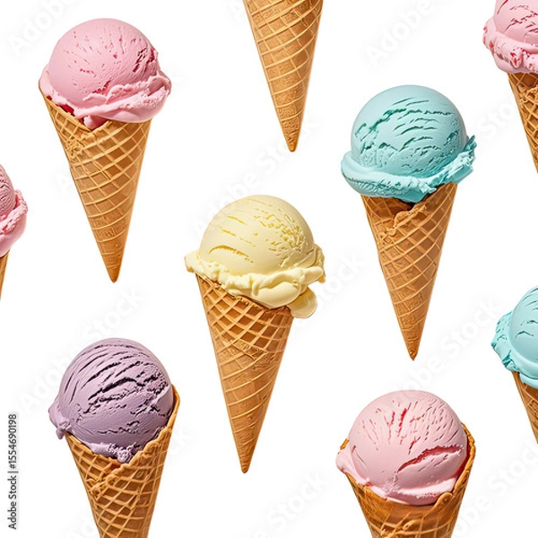 Obraz Artistic Arrangement Of Ice Cream Cones Laying Flat On White Background, Generative AI