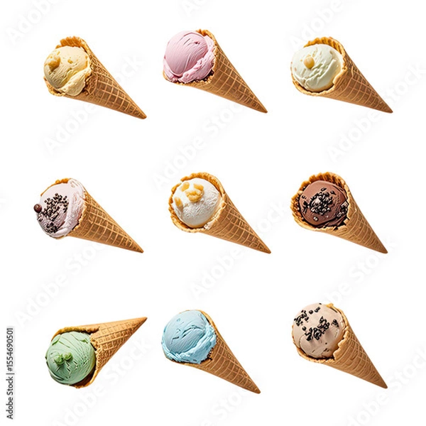 Obraz Artistic Arrangement Of Ice Cream Cones Laying Flat On White Background, Generative AI