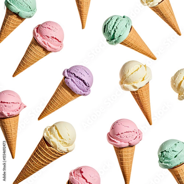Obraz Artistic Arrangement Of Ice Cream Cones Laying Flat On White Background, Generative AI