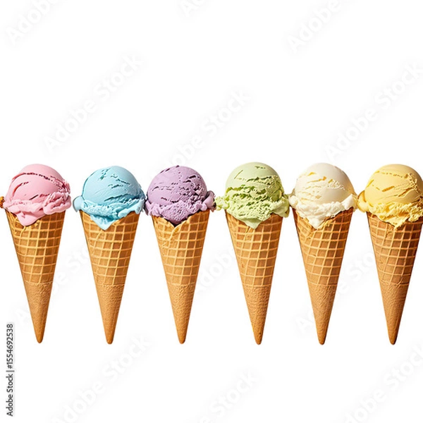 Obraz Artistic Arrangement Of Ice Cream Cones Laying Flat On White Background, Generative AI