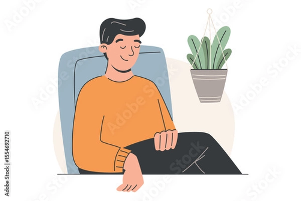 Fototapeta Vector flat isolated illustration of a young man relaxing in an armchair. Minimal interior with indoor plant. Perfect for concepts of rest, mindfulness, daily routine, and modern lifestyle visuals.