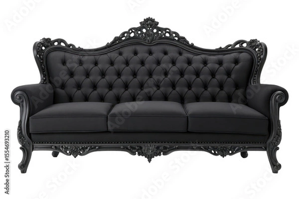 Fototapeta Elegant black sofa with tufted back isolated on transparent background