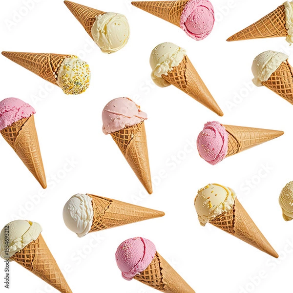 Obraz Artistic Arrangement Of Ice Cream Cones Laying Flat On White Background, Generative AI