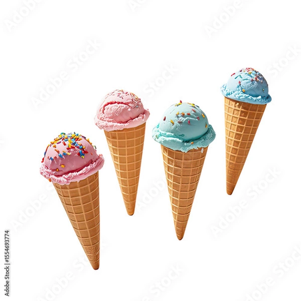 Obraz Artistic Arrangement Of Ice Cream Cones Laying Flat On White Background, Generative AI