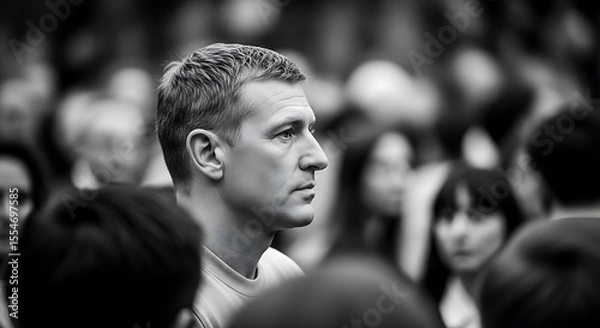 Fototapeta Man with short graying hair profile view amidst blurred crowd grayscale photograph thoughtful expression