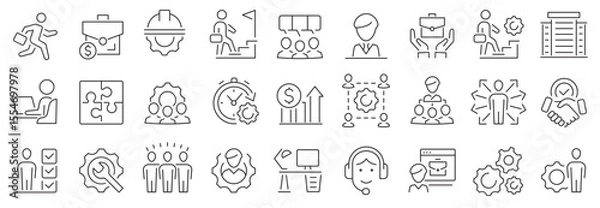 Fototapeta Work icon set. Business teamwork. Job, career, employment, meeting, organisation, teamwork, team building, work group, human resources and more. Vector illustration.