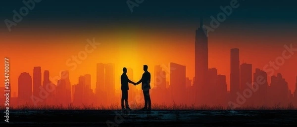 Obraz Partnership and recognition objectives in business context urban skyline digital artwork sunset view