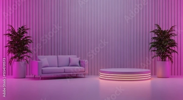 Obraz Purple Room Minimalist Scene Sofa Plants Cylinder Platform Neon Lights Interior Design Mockup image