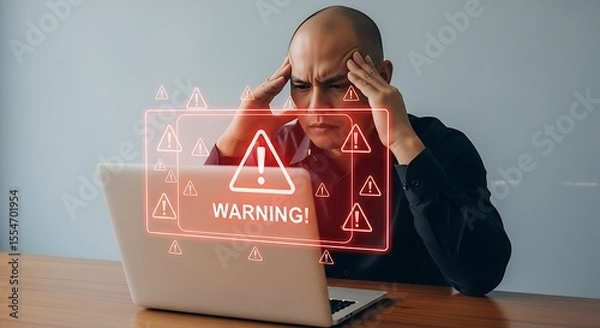 Obraz Stressed Man Laptop Screen Red Warning Alert Triangles Exclamation Marks Problem Error Message Digital Technology