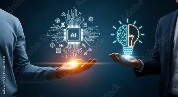 Obraz Two Hands Presenting A I Microchip and Brain Lightbulb Innovation Technology Concept Blue Background