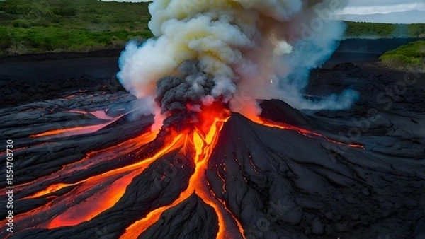 Fototapeta Active Volcano Erupting with Glowing Lava and Smoke Plumes
