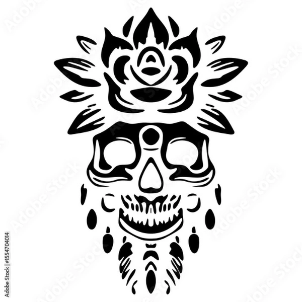Fototapeta A silhouette of a skull adorned with a single flower, symbolizing the contrast between life and death.