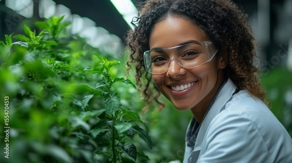 Fototapeta Confident female agricultural scientist checking plant health, wearing lab coat, safety glasses, standing in greenhouse, smiling