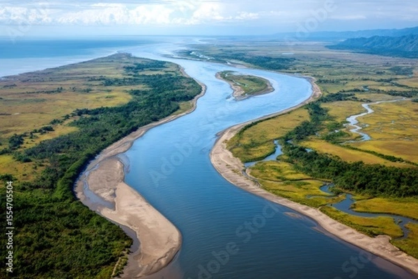 Fototapeta Wide meandering river flowing into the ocean near lush tropical vegetation