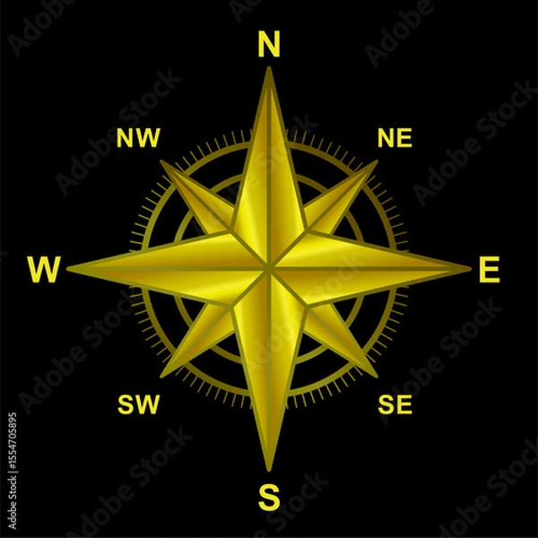 Obraz Golden Compass Rose Vector Illustration Isolated on Black Background for Navigation Direction North South East West Design Element