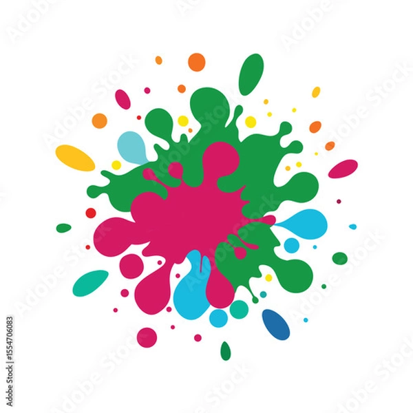 Fototapeta Abstract colorful paint splatter in vector style, vibrant droplets of red, cyan, yellow, and magenta scattered dynamically over a clean white background