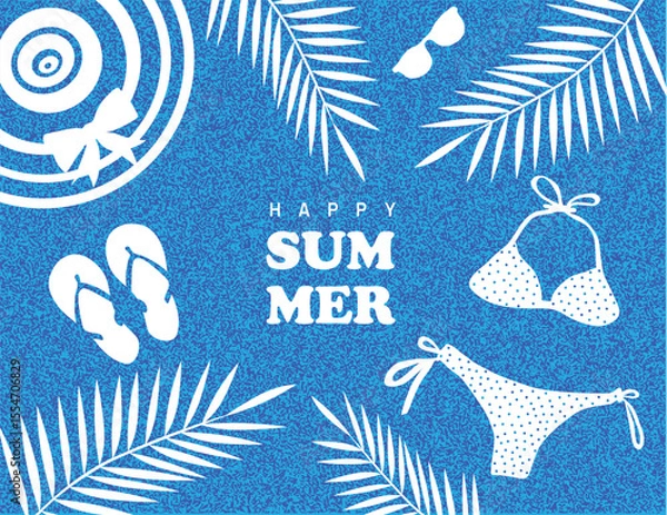 Obraz Summer sale banner. Creative vector holiday vacation card with grainy blue pattern and white palm leaves, sea and beach swimsuit, hat, flip flops, sunglasses icons. Template for ads, banner, poster.