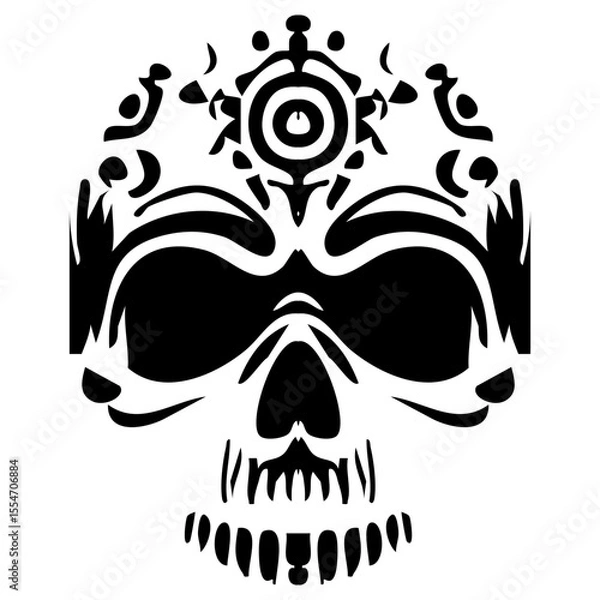 Fototapeta Skull adorned with intricate tribal designs, featuring silhouettes that enhance its artistic and cultural significance.