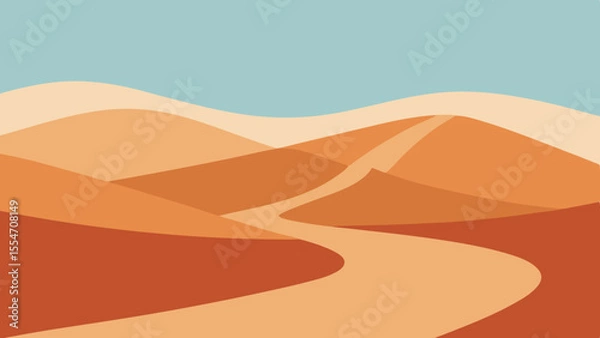 Fototapeta Stylized desert landscape with winding path and layered sand dunes under a clear sky