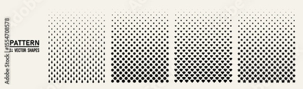 Fototapeta Gradient Seamless Vector Patterns – Teardrop, Heart, Flower and Star Motifs in Modern Black Style