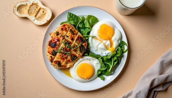 Fototapeta Tasty crispy herb-baked chicken with poached eggs and spinach home kitchen food photography natural light culinary delight