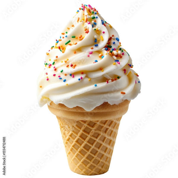 Fototapeta Delicious soft serve ice cream cone topped with colorful sprinkles on a transparent background, cutout PNG