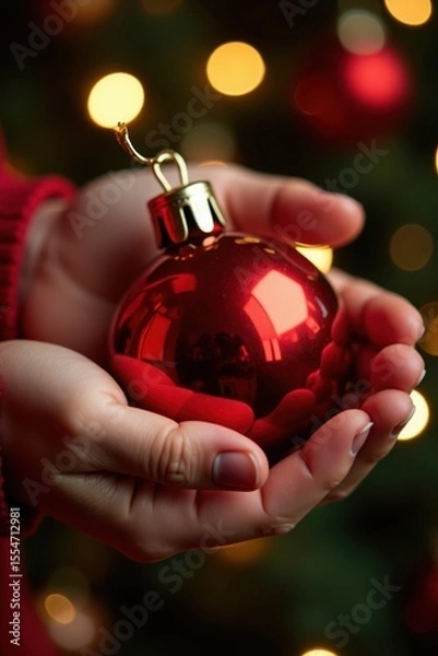 Fototapeta A tiny child's hand cradles a red Christmas ornament, close-up. The ornament shines with reflections of holiday lights and cozy warmth