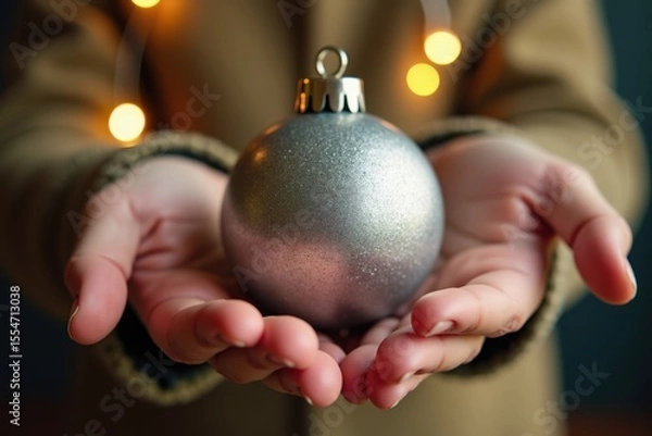 Fototapeta Close-up of a small child's palm holding a shiny silver Christmas ball. The background glows softly with warm holiday lights