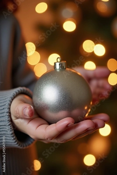 Fototapeta Close-up of a small child's palm holding a shiny silver Christmas ball. The background glows softly with warm holiday lights