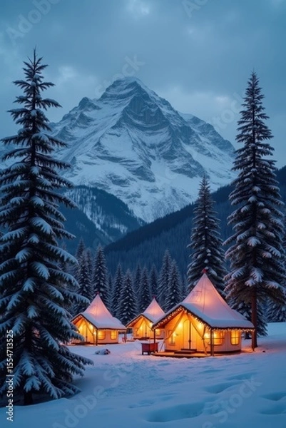 Fototapeta A group of Christmas-lit tents sits at the base of a snowy mountain. Single fir trees stand tall nearby, with snow blanketing the ground