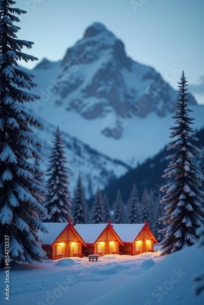 Fototapeta A group of Christmas-lit tents sits at the base of a snowy mountain. Single fir trees stand tall nearby, with snow blanketing the ground