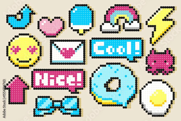Obraz Cute pixel art icons with bead style design, featuring heart, emoji, donut, rainbow, and fun text. Great for digital stickers and kid's designs.