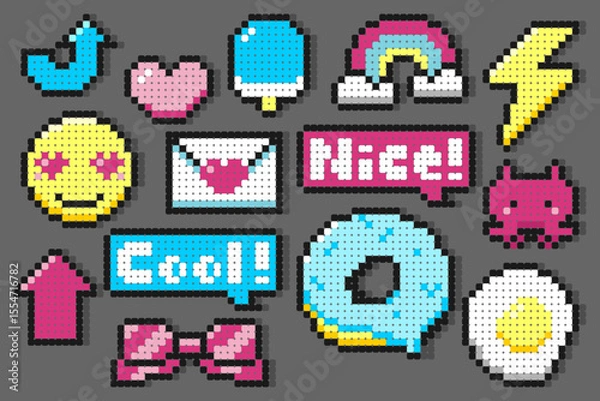 Obraz Cute pixel art icons with bead style design, featuring heart, emoji, donut, rainbow, and fun text. Great for digital stickers and kid's designs.