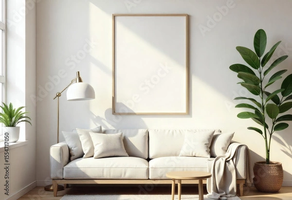 Fototapeta A brightly lit minimalist living room with a light colored sofa a large blank framed picture on the wall a floor lamp and two potted plants