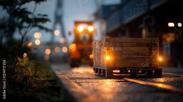 Fototapeta Evening Cargo Operations with Illuminated Ramp and Crew Activities